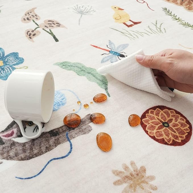 Rugcomf Bedroom Rug 3x5 Rug Washable Area Rug Non Slip Low Pile Boho Floral Animal Cat Small Carpet for Bedroom Bedside Kitchen Entryway Kids Room Office College Dorm Essentials for Girls, Beige