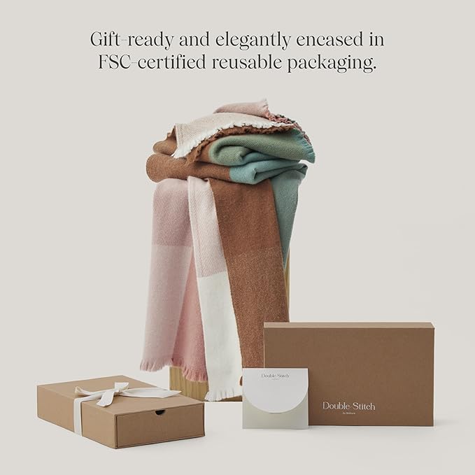 Double Stitch Alpaca Wool Throw Blanket - Warm, Soft Blanket for Couch, Luxury & Decorative Fleece Throw, Fall Plaid, Gift for Mother's Day, House Warming, 50" x 60", Harvest Multi