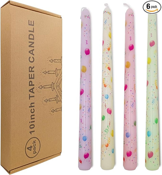10 Inch Birthday Taper Candles 4 Pcs Unscented, Smokeless, Balloon Long Tapered Candlesticks Candles for Mother's Day Birthday Dinner Dating Wedding Party Home Decor