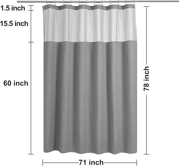 N&Y HOME Long Waffle Weave Shower Curtain with Snap-in Fabric Liner and 12 Hooks Set - 71" x 78", Hotel Style & Mesh Top Window, Machine Washable, Water Repellent - 71x78, Gray