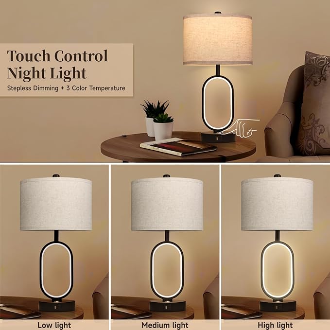 Farmhouse Table Lamps Set of 2, Built-in Dimmable Night Light Bedside Lamps, Table Lamps for Night Stands with USB Charging Ports, Bedroom Lamps for Nightstand, LED Bulbs Included
