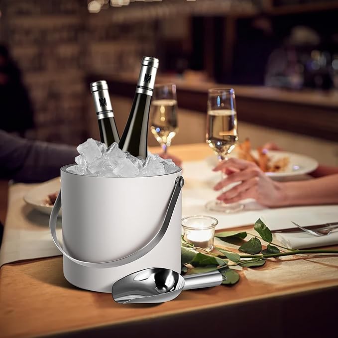 Insulated Ice Bucket with Silicone Lid, Scoop, Tongs & Strainer, 3L Stainless Steel Double Wall Ice Buckets for Parties & Cocktail Bar, Champagne Ice Bucket with Lid for Freezer, Ivory