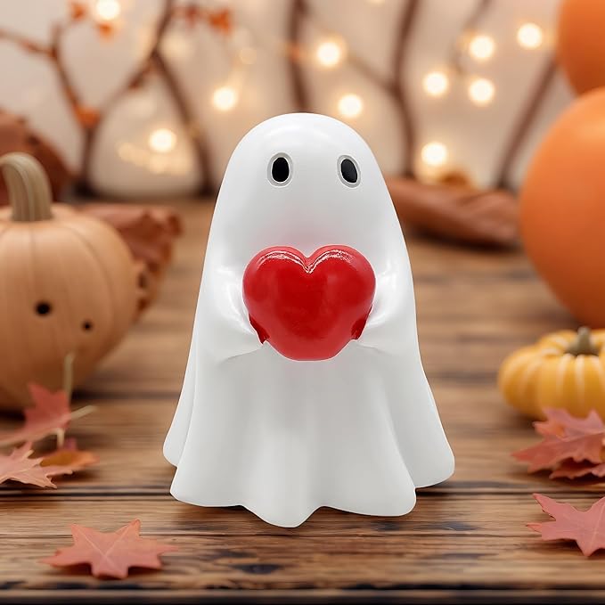 Halloween Cute Ghost Figurine with Red Heart– Resin Mini Statue, Romantic Shelf & Desk Decor, Halloween or Valentine’s Day Gift for Home, Office, and Friends