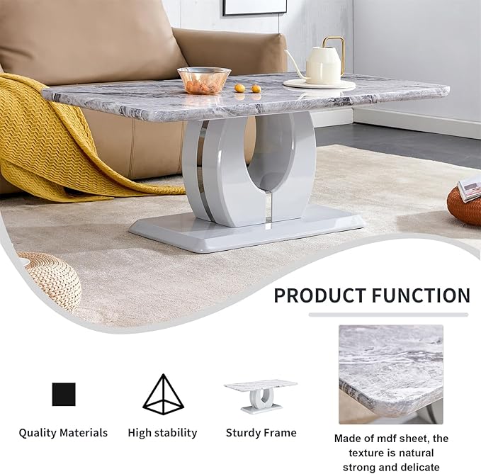 LKTART Rectangle Coffee Table for Living Room, Imitation Marble Coffee Tables with Storage, Modern Stable Base Accent Center Tea Table for Dining Room Small Space Apartment (43.3''L×22.4''W-Grey)