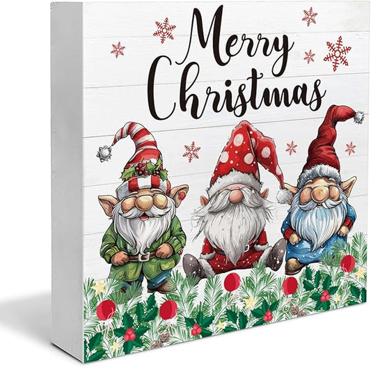 Christmas Signs, Merry Christmas Wooden Sign Decor, Christmas Gnomes Wooden Block Sign, Indoor Christmas Decor for Table Shelf 5 x 5 Inch