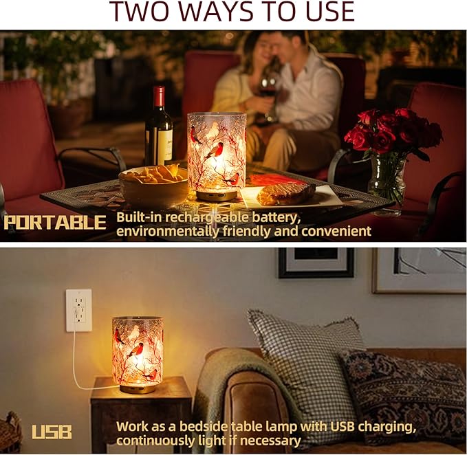 Rechargeable Battery Table Lamp Timer, Handmade Crackle Glass Lamps with Two-Level Dimmer, Emergency Cordless Lamp for Area No Plug, Decorative Mood Light for Entryway/Corner/Bedroom/Bathroom(Red)