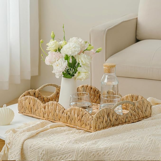 Water Hyacinth Serving Tray, Handwoven Woven Tray with Handles and Scalloped Edge, Rectangle Wicker Basket for Home Decor and Organizing, 16.9" L x 12.9" W x 1.96" H