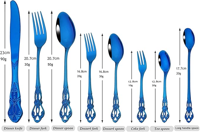Elegant Blue 30 Piece 6 Set Stainless Steel Flatware Set with Steak Knives, Mirror Polished Dishwasher Safe