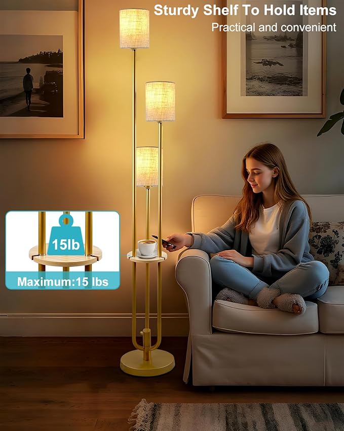 Lightdot Dimmable Floor Lamp for Living Room 3-Light Candle Holder Style Modern Floor Lamps with Table&Linen Beige Shade 3000K Warmwhite Gold Standing Lamp for Bedroom (Bulbs Included)