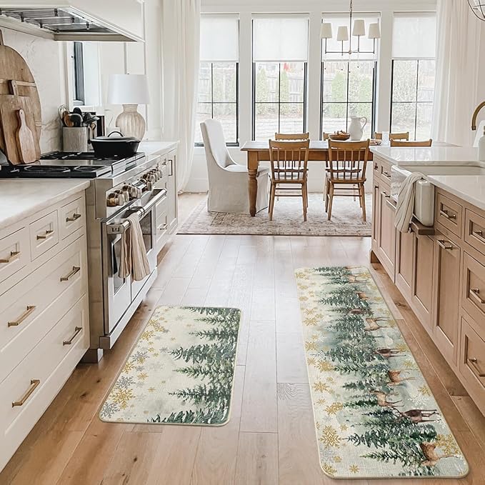 Artoid Mode Xmas Trees Deer Snowflakes Christmas Kitchen Mats Set of 2, Winter Home Decor Low-Profile Kitchen Rugs for Floor - 17x29 and 17x59 Inch