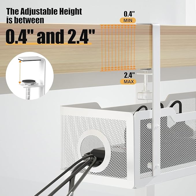 4 Pack Under Desk Cable Management Box White, Cinati 53.6" Wire Organizers No Drill, Cord Organization Tray with Clamp for Office, Home - No Damage to Desk