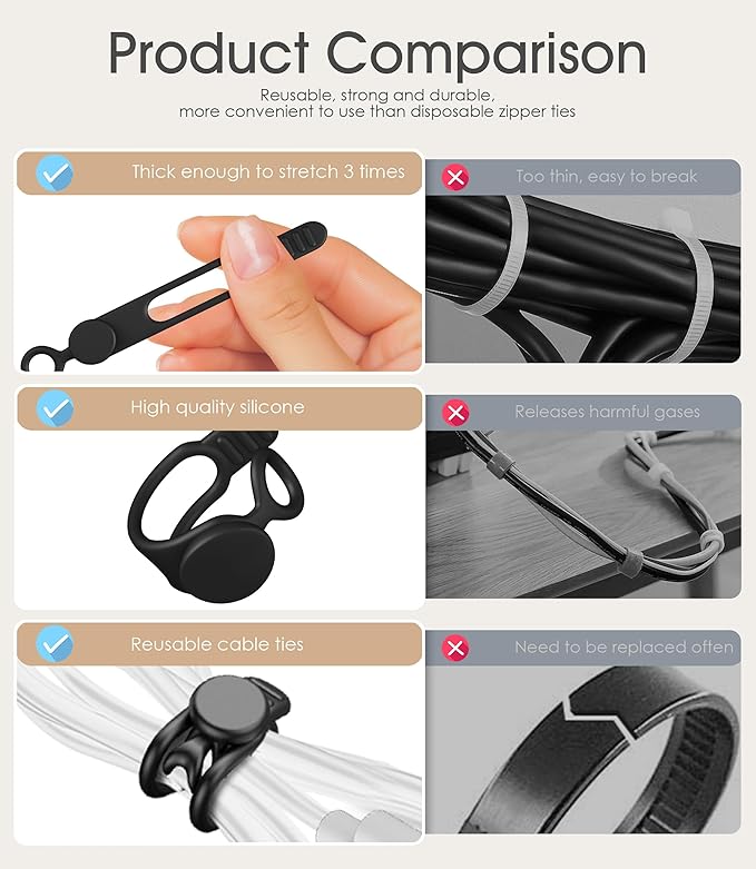 Nearockle Silicone Cable Ties Cord Organizer for Cable Management, 20Pcs 3" and 4.5" Reusable Cable Organizer Electronic Accessories for Home, Office, Kitchen, School, Travel (Black)