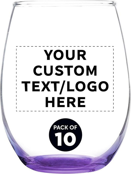 Custom Stemless Wine Glass 9 oz. Set of 10, Personalized Bulk Pack - Great for Wedding Favors, Bachelorette Party Decorations, Party Favors, Color Bottom - Purple