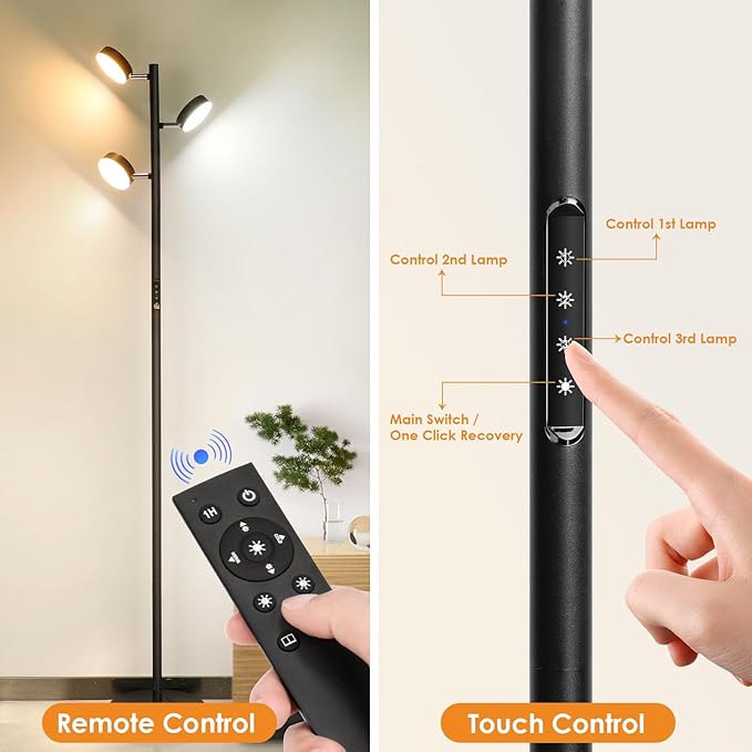LED Tree Floor Lamp with Remote & Touch Control, 3 Heads Adjustable Dimmable Modern Floor Lamps with Timer, 4 Color Temperatures, Tall Standing Lamp for Living Room, Bedroom, Office, Black