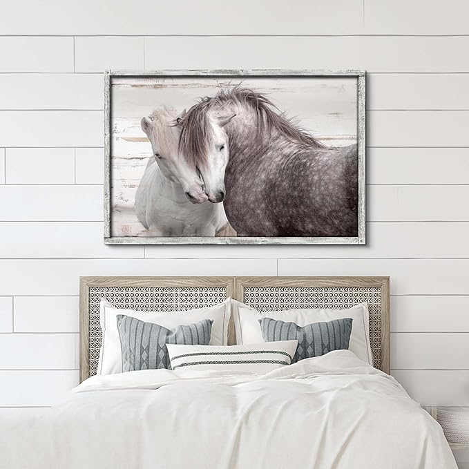 Horse Wall Art Wood Decor: Large Animal Framed Picture Rustic Horses Nuzzling Print Artwork Farmhouse Country Western Painting for Home Living Room Bedroom