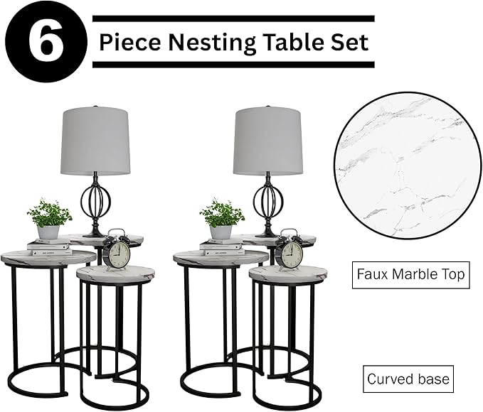 Lavish Home Nesting Tables – Set of 6 Space-Saving Round Side Tables with Faux Marble Tops – Modern Apartment Furniture Accent & End Table Set for Living Room, Bedroom, or Home Office (White)