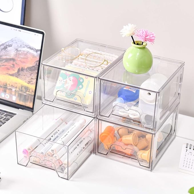 4 Pack Stackable Makeup Organizer, 4.4'' Tall Acrylic Bathroom Makeup Organizer and Storage Drawer with Pull-out Handle, Clear Plastic Storage Bins for Vanity,Pantry,Desk,Undersink,Kitchen