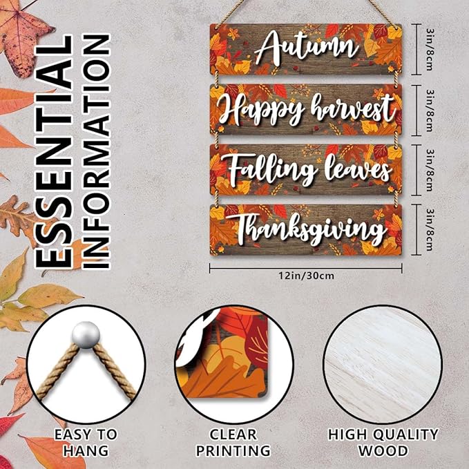 4 Pieces Fall Rustic Wooden Board Wall Decor Hanging Signs Decor, Thanksgiving Autumn Maple Leaves Wooden Plaque Farmhouse Wall Signs for Indoor Outdoor Porch Door Living Room. (011)