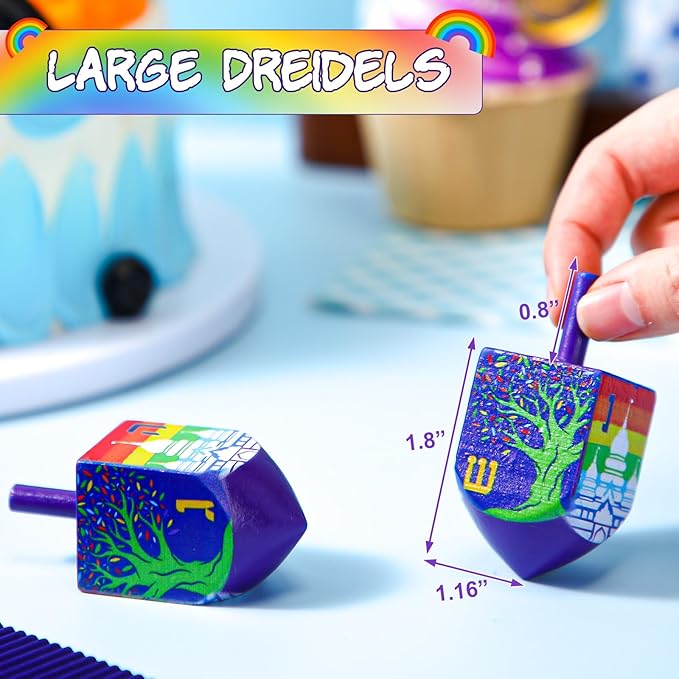 2 Pcs Hanukkah Dreidels Game Toy Extra Large Wooden Dreidel for Hanukkah Decoration with English Transliteration, Forever Spinning Tops Party Favors(Temples)