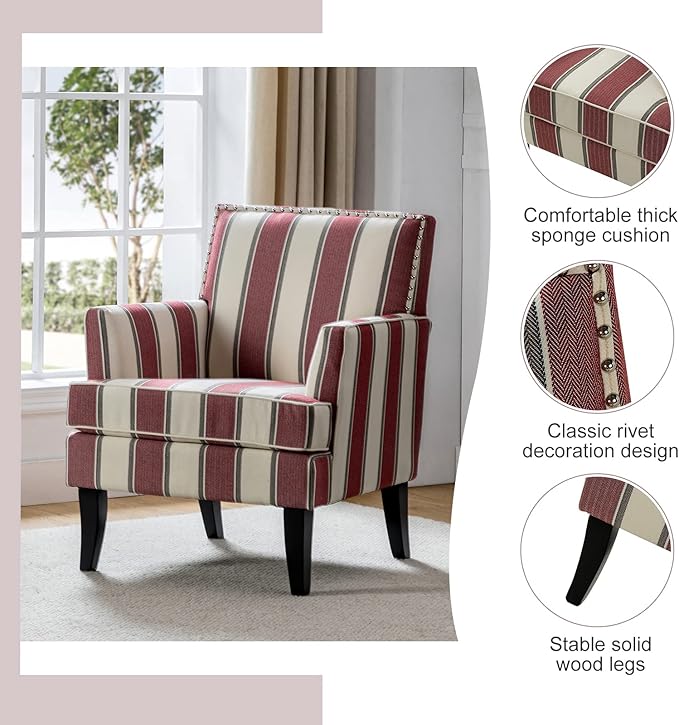 HULALA HOME Modern Accent Chairs Set of 2, Farmhouse High Back Striped Chairs with Wooden Legs & Nail Head Trim, Comfy Upholstered Armchairs for Living Room/Bedroom (Stripe Red)