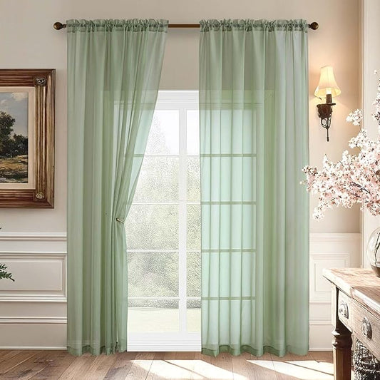 Aiyufeng 2 Pack: Basic Sage Green Sheer Curtain Drapes for Living Room 84 Inch Length 2 Panels, Light Filtering Voile Drapes for Bedroom, Patio, Sliding Door, Each 59" W x 84" L, Sage Green
