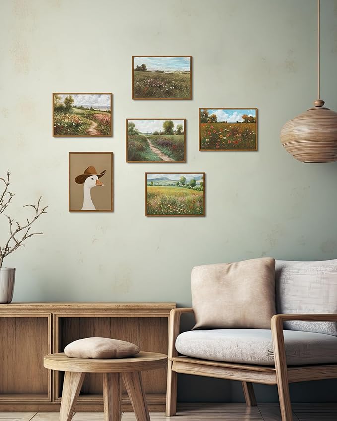 KISSFOX Vintage Landscape Canvas Wall Art Spring Farmhouse Colorful Wildflower Field Framed Wall Art Natural Countryside Cottagecore Paintings Artwork Rustic Art Prints For Bedroom Living Room