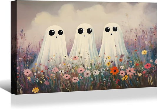 BANHUA1 Vintage Halloween Canvas Wall Art, Cute Ghosts & Floral Picture Print, Dark Academia Wall Decor for Home, Living Room, Bedroom, 24 x 18 Inch