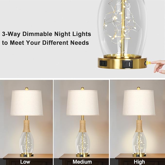 28" Boho Table Lamps Set of 2, Coastal Glass Lamps with USB A+C Ports and Outlet, Nautical Beach Bedside Lamp for Living Room Bedroom Night Stands(2 LED Bulbs Included), Gold