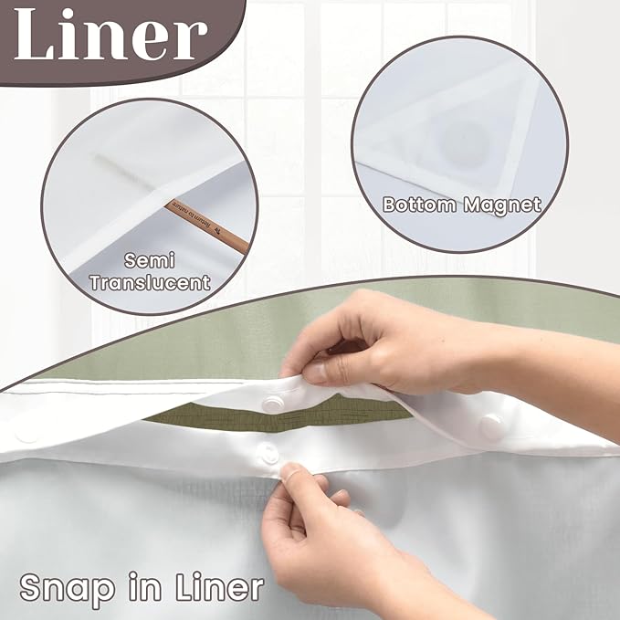 No Hook Slub Textured Shower Curtain with Snap in Liner - Olive Fabric Outer Curtain & Waterproof Inner Liner, Hotel Style with See Through Top Window, 71x74 in