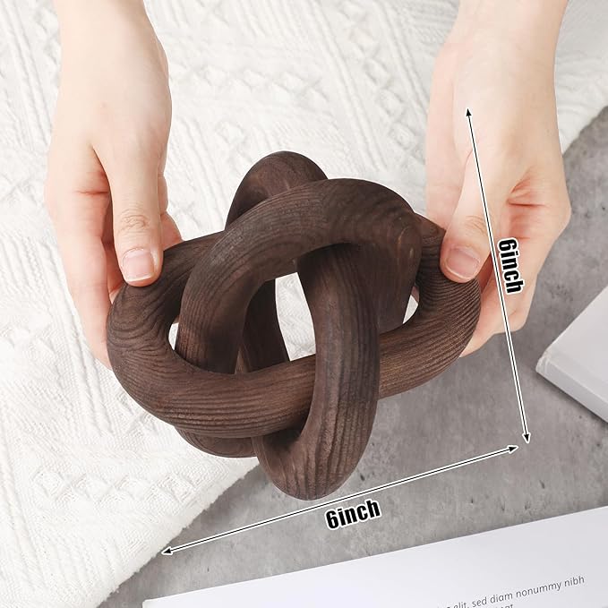 3 Link Wood Knot Decor - Hand Carved Coffee Table Decoration, Boho Chain Link Decor, Modern Shelf, Rustic Objects for Home Living Room Bedroom(Black Walnut)