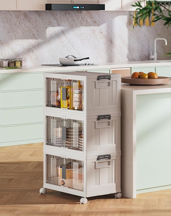 OlarHike 48QT Stackable Storage Bins with Lids - Folding Storage Box with Doors and Wheels, Collapsible Plastic Storage Bins for Closets, Home Organization, 3 Pack Cubes (Warm Gray)