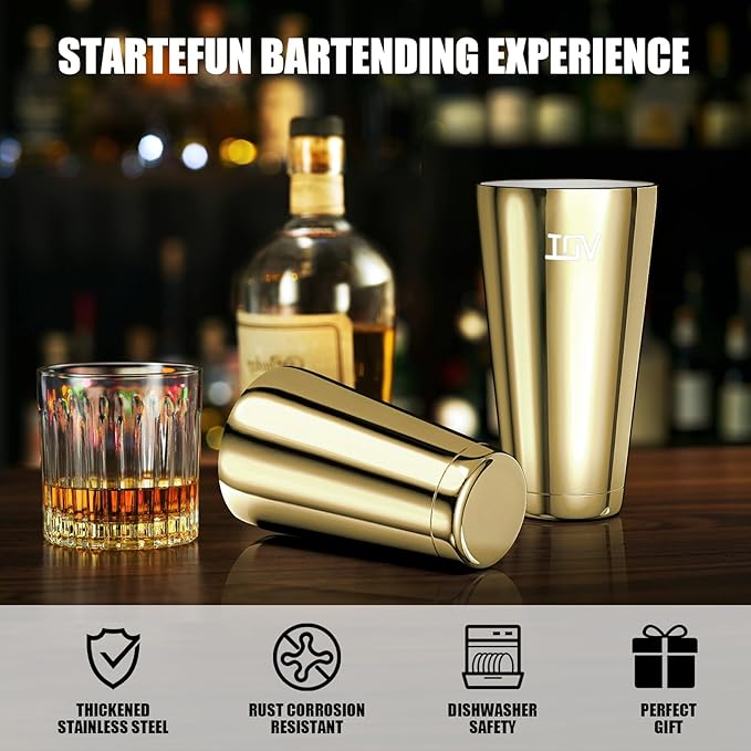 IOV Boston Cocktail Shaker Set, 18oz & 28oz Stainless Steel Weighted Shaker Tins, Metal Martini Drink Mixer for Bartending, Professional Bar Tools with Cocktail Recipe Guide, Gold
