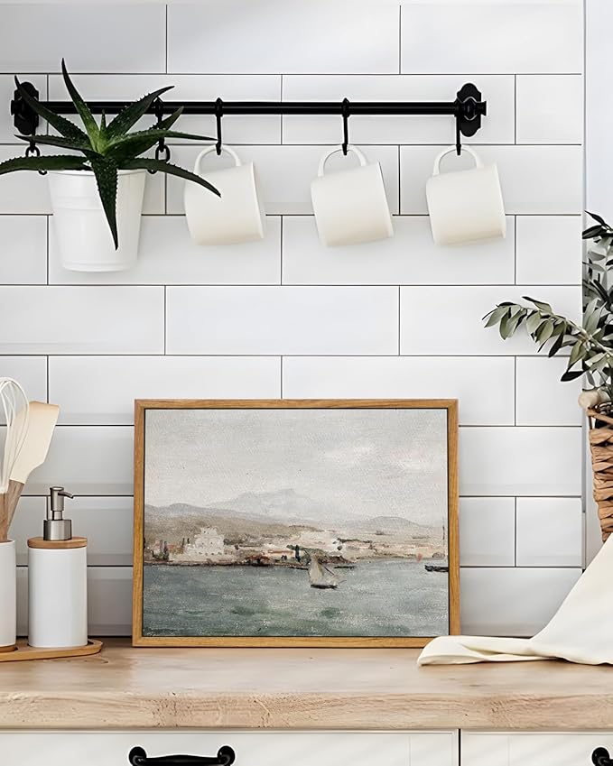 VIYYIEA Framed Canvas Wall Art Home Decor, Vintage Coastal Wall Art Decor, Vintage Serenity Harbor Painting Decorations for Living Room, Office Bedroom Bathroom Decor, 9"x11"