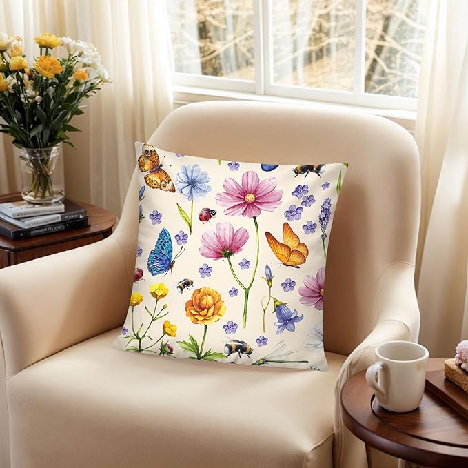 Red Pink Flower Pillow Cover 16x16 Set of 6 Summer Throw Pillow Covers Colorful Floral Cushion Covers for Couch Sofa Living Room Home Decor