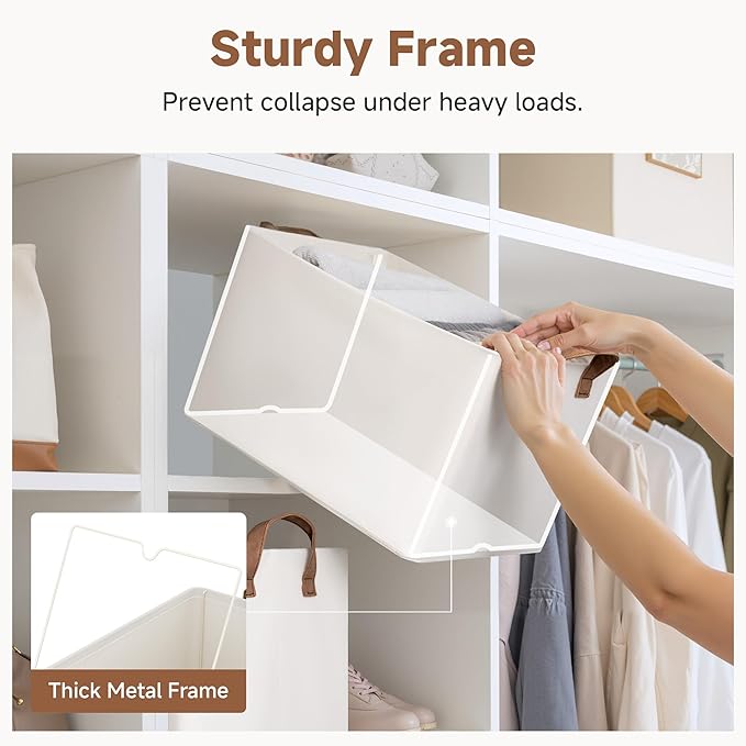 StorageWorks Storage Bins, Fabric Storage Bins for Shelves, Large Storage Baskets with Metal Frame, Closet Baskets and Bins with Handles, Beige, 2-Pack