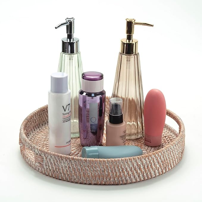 14.2" Round Rattan Tray, Hand Woven Serving Tray with Handles, Wicker Serving Basket, Decorative Tray for Home Decor, Whitewash