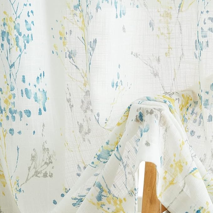 Branch Semi Sheers Curtains Living-Room 84inch Long Yellow Teal Watercolor Print Tree Curtain Drapes for Bedroom Linen Textured Look Privacy White Sheer Window Panels for Dining Grommet Top 2pcs