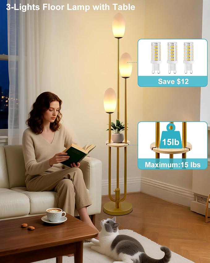 Lightdot Gold Dimmable Floor Lamp with Table, 63IN Mid-Century Oval Floor Lamps with 3000K Soft Warm White Bulbs, 3-Lights Candle Holder Style Modern Tall Standing Lamp for Living Room