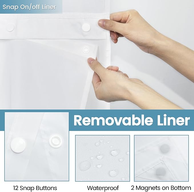 Long No Hook Shower Curtain with Snap in Liner,230GSM Waffle Weave Shower Curtains for Bathroom,71W x 80H(78"),White