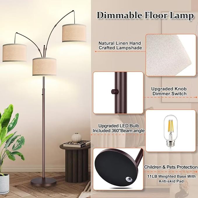 Dimmable Floor Lamp - 3 Lights Arc Floor Lamps for Living Room, 1000LM Modern Tall Standing Lamp With Beige Shades, Mid Century Tree Floor Lamp for Bedroom Office, 3 LED Bulbs Included - Brown