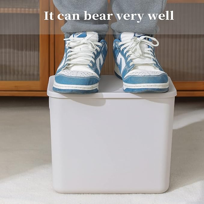 Plastic Storage Baskets With Lid Organizing Container Lidded Knit Storage Organizer Bins for Shelves Drawers Desktop Closet Playroom Classroom Office (4L, Light grey)