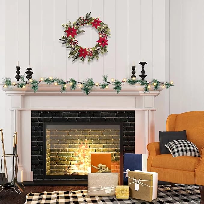 6ft Christmas Smokey Pine Garland with Lights and Stars,Battery Operated Garland with Timer,Christmas Decorations for Fireplace Home Stair Railing Outdoor Holiday Decor