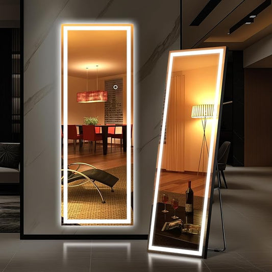 Kosmonia 56"x18" Full Length LED Mirror with Lights, Dimmable Standing/Wall Mirror for Bedroom, Full Body Lighted Floor Mirror, Tempered Glass