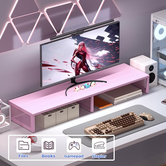 Dual Computer Monitor Stand Riser, Desk Organizers and Accessories, Printer & TV Stand, Desk Shelf, Office Desk Accessories & Desktop Workspace Organizer for Office Supplies, Pink