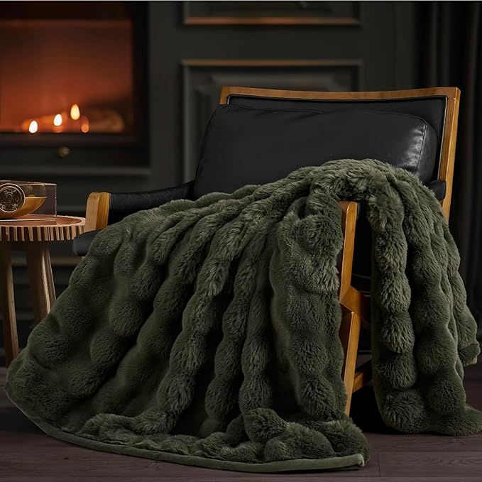 EverGrace Ultra Soft Luxury Fluffy Faux Rabbit Fur Throw Blanket, Thick Warm Bubble Throw for Bed, Cozy Plush Reversible Blankets for Couch, Chair, Sofa, Green, 60x80 Inches