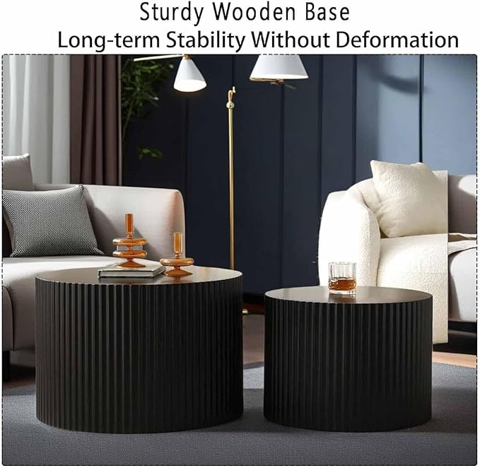 Modern Round Nesting Coffee Table Set of 2, Vertical Stripe Design Drum Coffee Table Cocktail Table, Round Side Table for Living Room, Bedroom, Office, Balcony (D19.7+27.6")