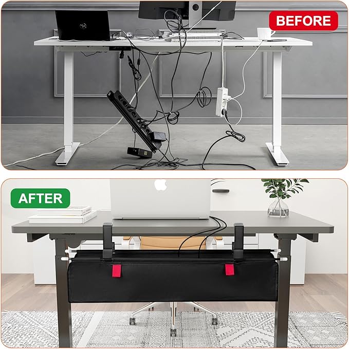 No Drill Under Desk Cable Management Tray - 28" Cord Management Under Desk - No Drill Needed - Easy Clamp - Premium Fabric Cable Management Tray for Office/Home