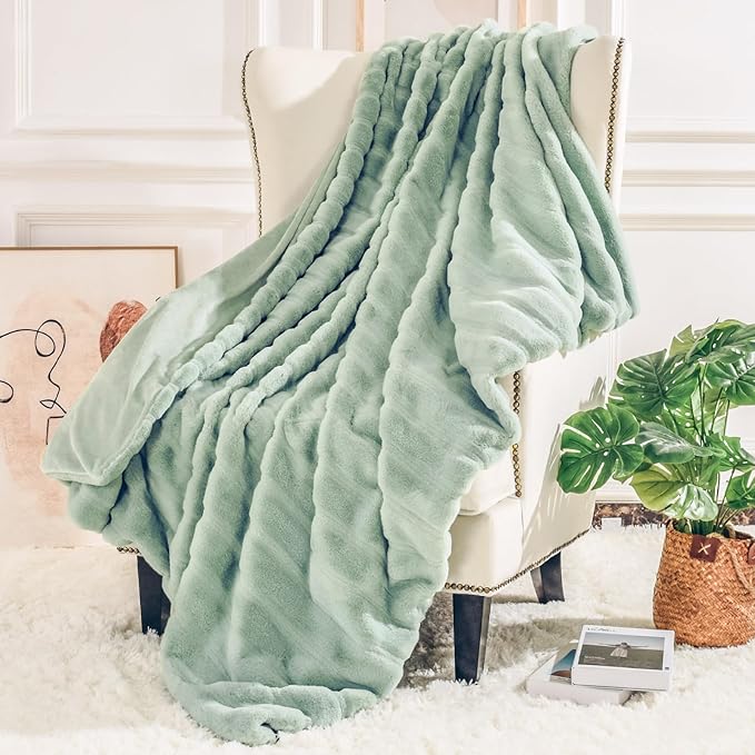 NEXHOME PRO Faux Fur Throw Blanket Sage Green, Soft Cozy Plush Fleece Blanket for Sofa Couch Bed Living Room, Dual Sided Blankets for Women Men Kids Twin 60 * 80 Inches