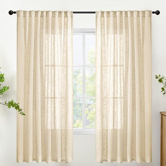 YoungsTex Natural Linen Semi Sheer Curtains 72 Inch Length for Living Room, Light Filtering Burlap Window Treatments Rustic Textured with Rod Pocket Back Tab for Dining Bedroom, 2 Panels, 52 X 72 Inch