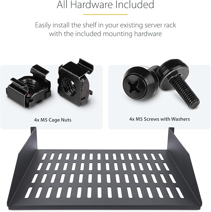 StarTech.com 2U Vented Server Rack Shelf, 16in/41.5cm Mounting Depth, for 19" Rack/Cabinet, SPCC Steel, Max 44lb/20kg